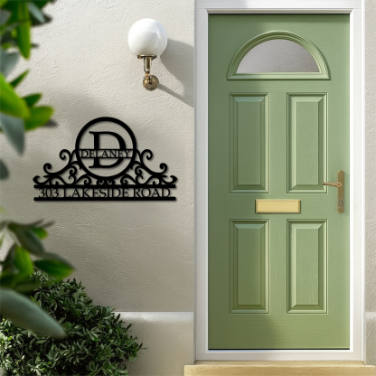Custom Swirly Monogram Metal Address Sign, Personalized House Number Plaque with Family Name and Initial, Outdoor Metal Wall Decor