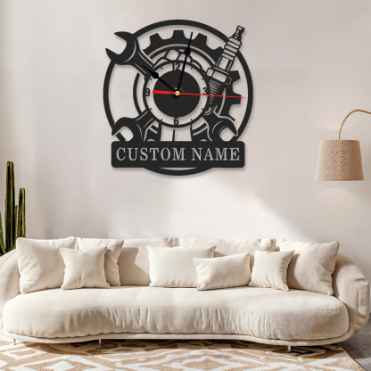Personalized Mechanic Metal Wall Clock with Custom Name, Gear and Wrench Design, Silent Battery Operated Garage Workshop Decor