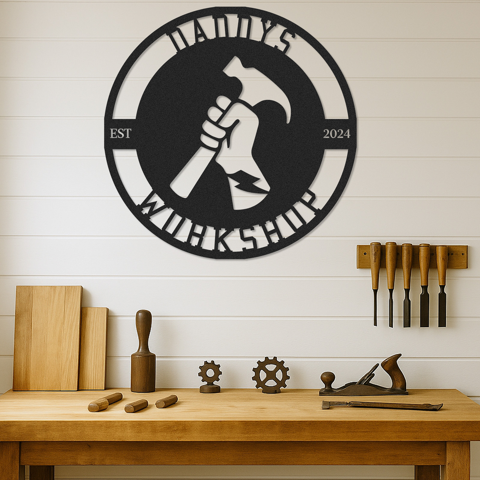 Personalized Daddy's Workshop Metal Sign, Custom Workshop Sign with Hammer Design, Garage Wall Decor, Father's Day Gift for Dad or Grandpa