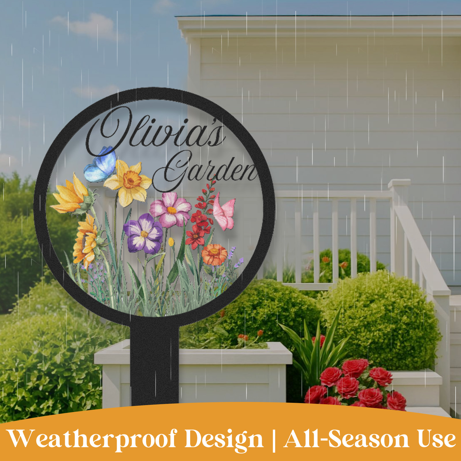 Personalized Garden Name Sign, Custom Colorful Flower Butterfly Metal Yard Sign, Round Garden Stake Outdoor Decor for Backyard, Patio, or Planter