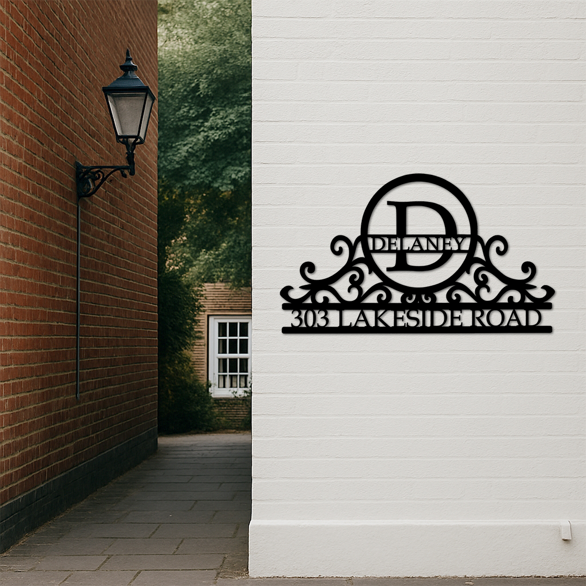 Custom Swirly Monogram Metal Address Sign, Personalized House Number Plaque with Family Name and Initial, Outdoor Metal Wall Decor