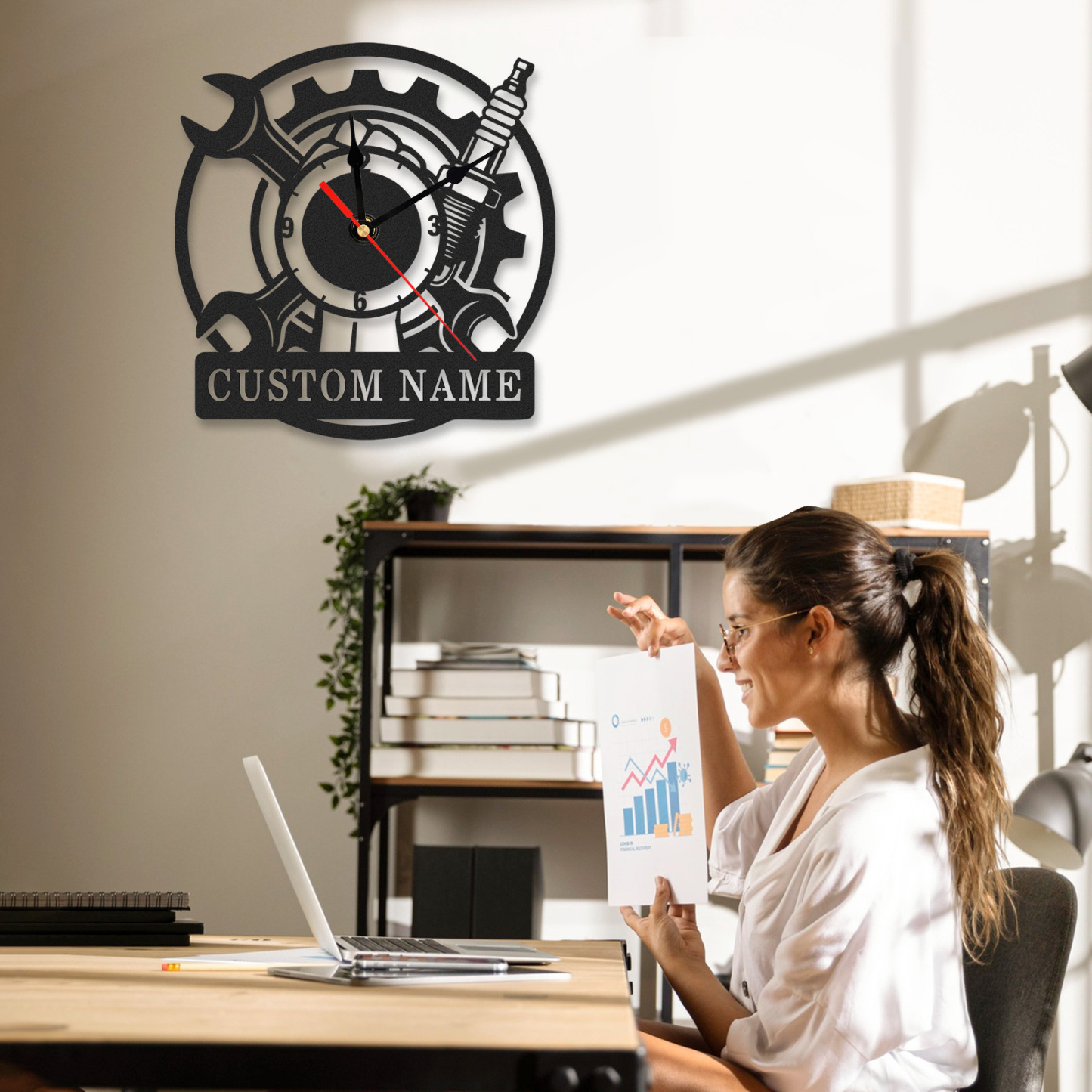 Personalized Mechanic Metal Wall Clock with Custom Name, Gear and Wrench Design, Silent Battery Operated Garage Workshop Decor