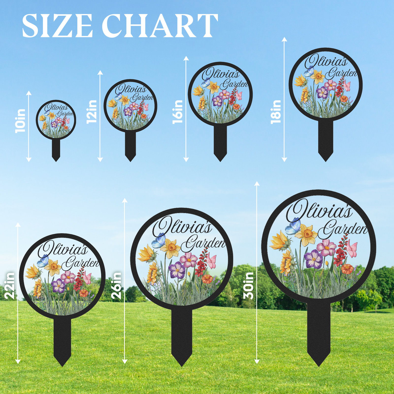 Personalized Garden Name Sign, Custom Colorful Flower Butterfly Metal Yard Sign, Round Garden Stake Outdoor Decor for Backyard, Patio, or Planter