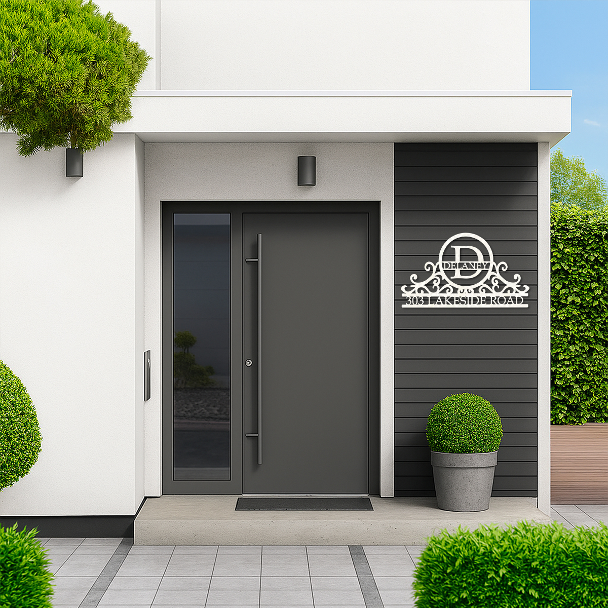 Custom Swirly Monogram Metal Address Sign, Personalized House Number Plaque with Family Name and Initial, Outdoor Metal Wall Decor