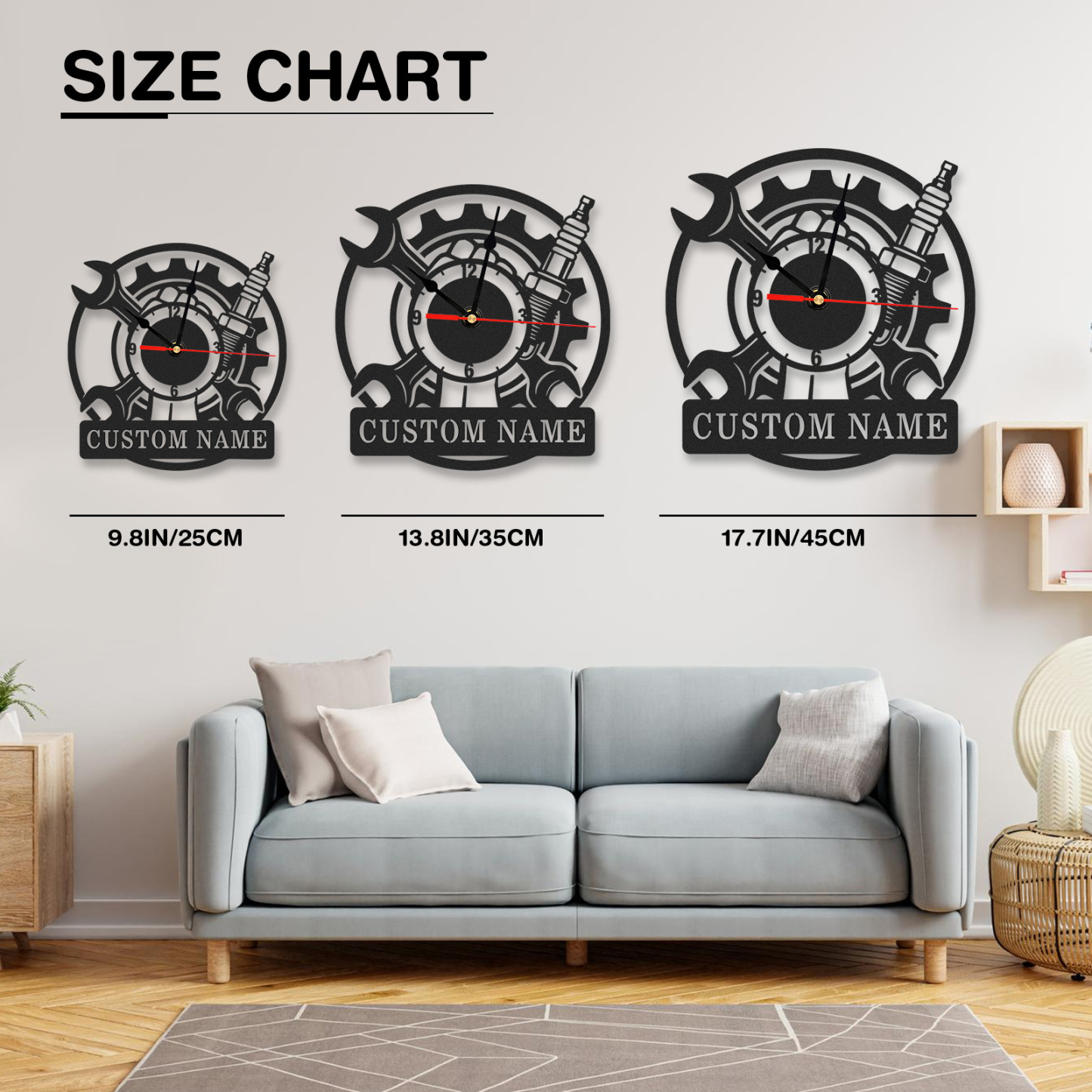 Personalized Mechanic Metal Wall Clock with Custom Name, Gear and Wrench Design, Silent Battery Operated Garage Workshop Decor
