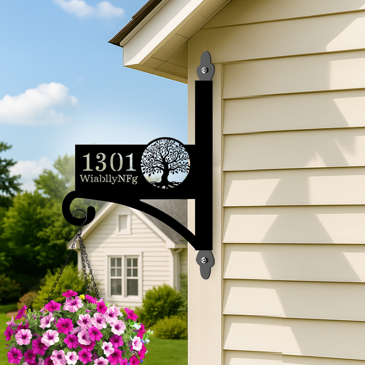 Custom Tree of Life Wall Plant Hanger with House Number, Personalized Address Sign Metal Hanging Bracket, Outdoor Home Décor Hook with Family Name