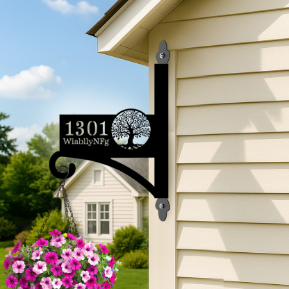 Custom Tree of Life Wall Plant Hanger with House Number, Personalized Address Sign Metal Hanging Bracket, Outdoor Home Décor Hook with Family Name