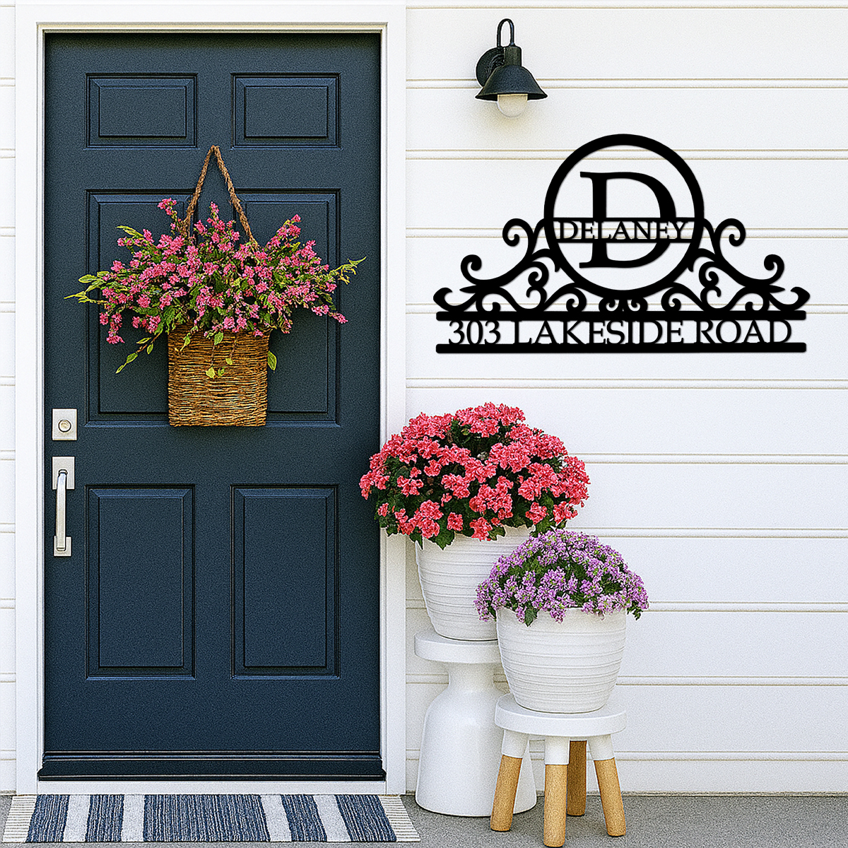 Custom Swirly Monogram Metal Address Sign, Personalized House Number Plaque with Family Name and Initial, Outdoor Metal Wall Decor