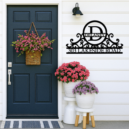 Custom Swirly Monogram Metal Address Sign, Personalized House Number Plaque with Family Name and Initial, Outdoor Metal Wall Decor