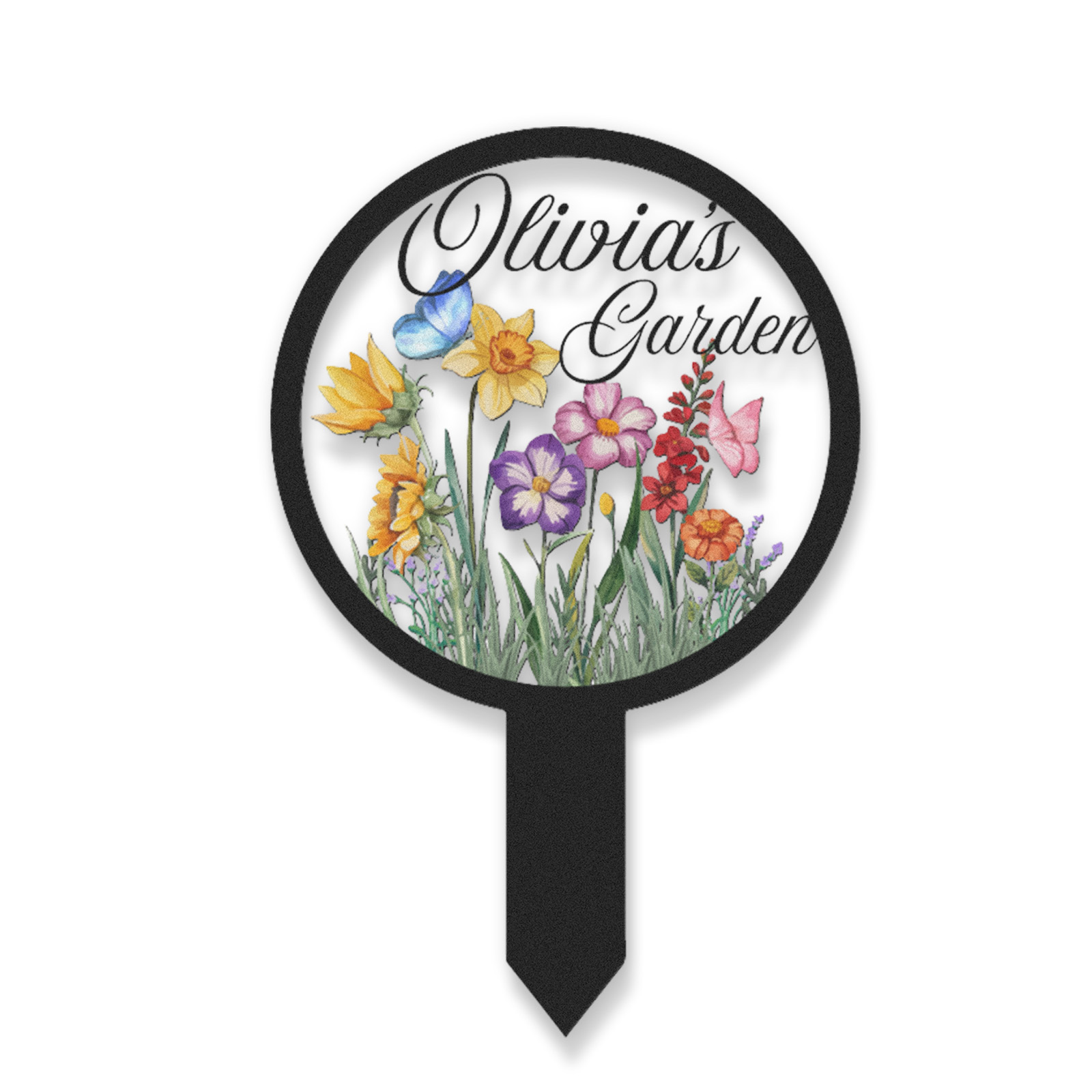Personalized Garden Name Sign, Custom Colorful Flower Butterfly Metal Yard Sign, Round Garden Stake Outdoor Decor for Backyard, Patio, or Planter