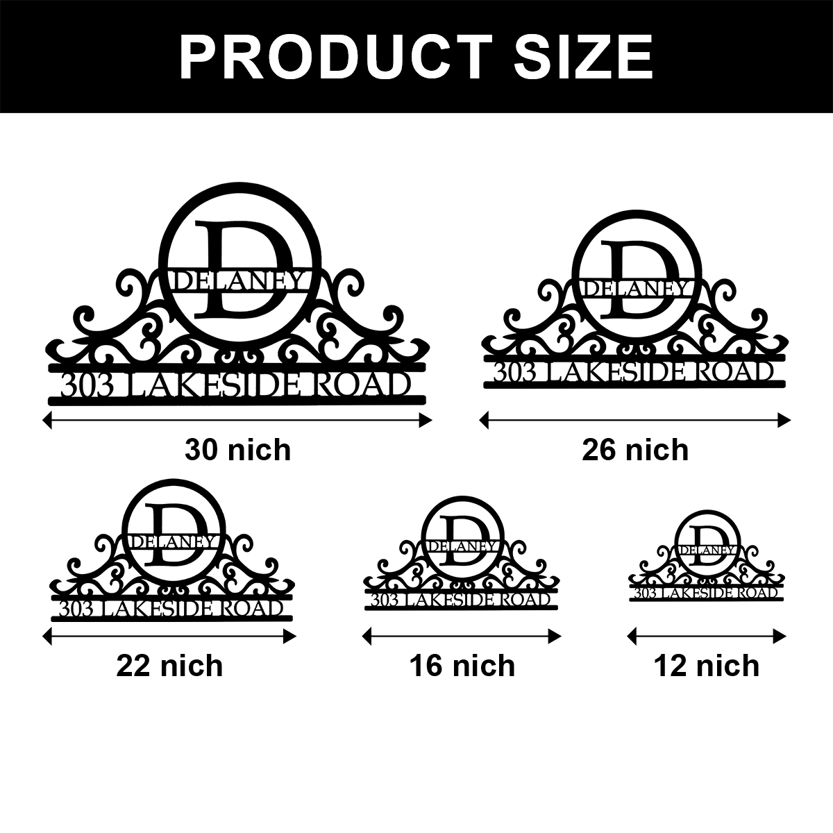 Custom Swirly Monogram Metal Address Sign, Personalized House Number Plaque with Family Name and Initial, Outdoor Metal Wall Decor