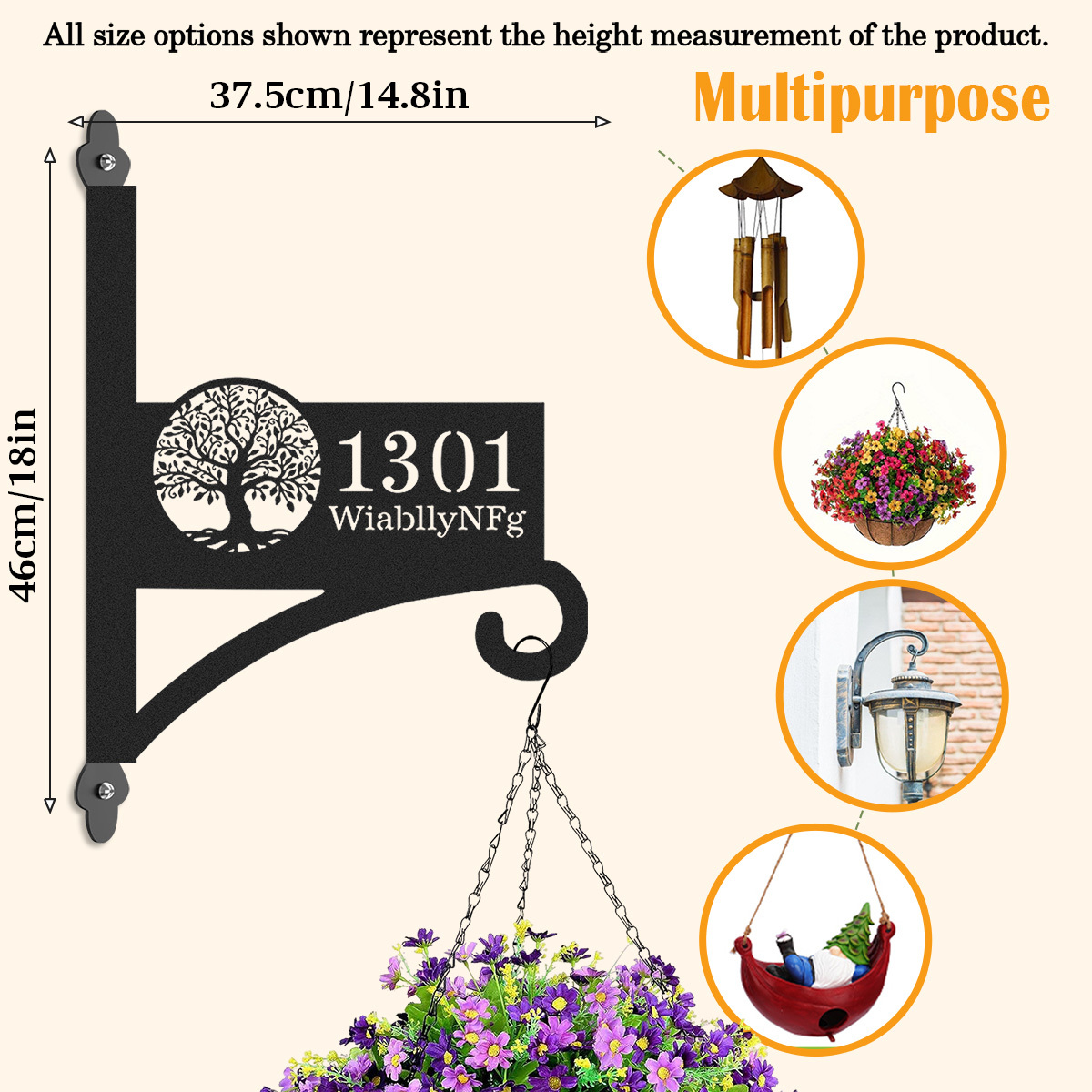 Custom Tree of Life Wall Plant Hanger with House Number, Personalized Address Sign Metal Hanging Bracket, Outdoor Home Décor Hook with Family Name