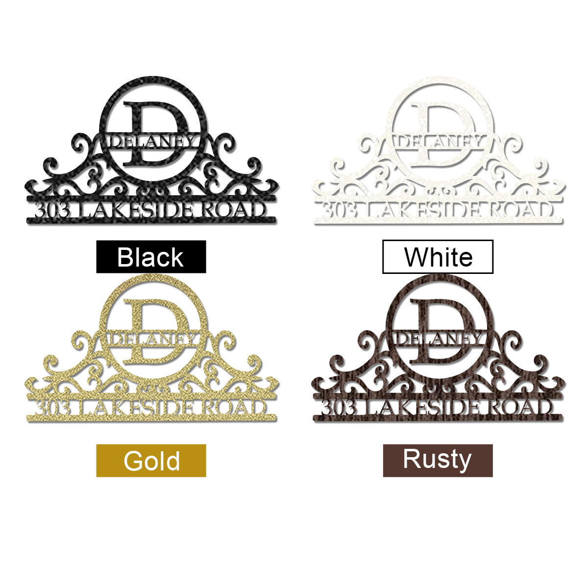 Custom Swirly Monogram Metal Address Sign, Personalized House Number Plaque with Family Name and Initial, Outdoor Metal Wall Decor