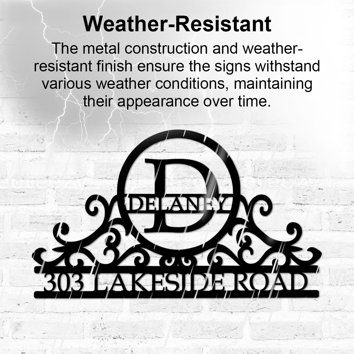 Custom Swirly Monogram Metal Address Sign, Personalized House Number Plaque with Family Name and Initial, Outdoor Metal Wall Decor