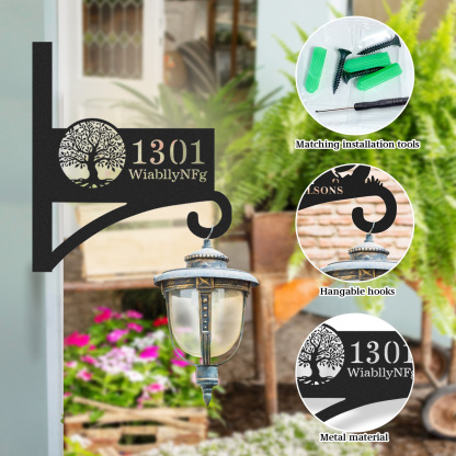 Custom Tree of Life Wall Plant Hanger with House Number, Personalized Address Sign Metal Hanging Bracket, Outdoor Home Décor Hook with Family Name