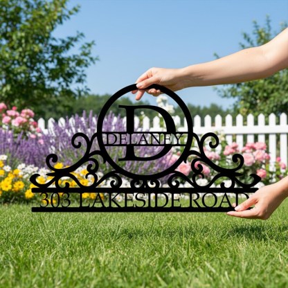 Custom Swirly Monogram Metal Address Sign, Personalized House Number Plaque with Family Name and Initial, Outdoor Metal Wall Decor