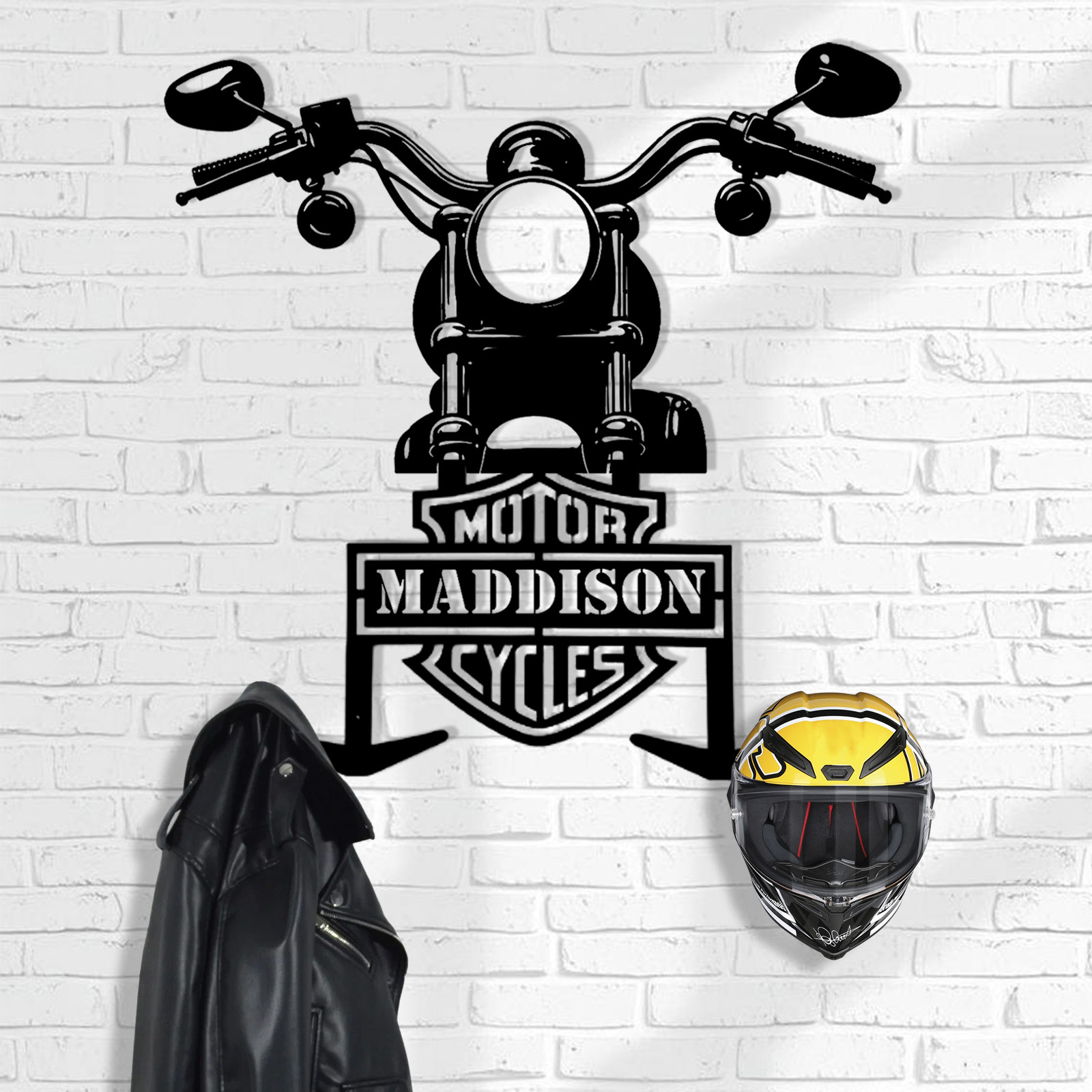 Custom Name Motorcycle Helmet Hanger with Hooks, Personalized Metal Wall Mount Rack for Helmet, Coat, and Riding Accessories
