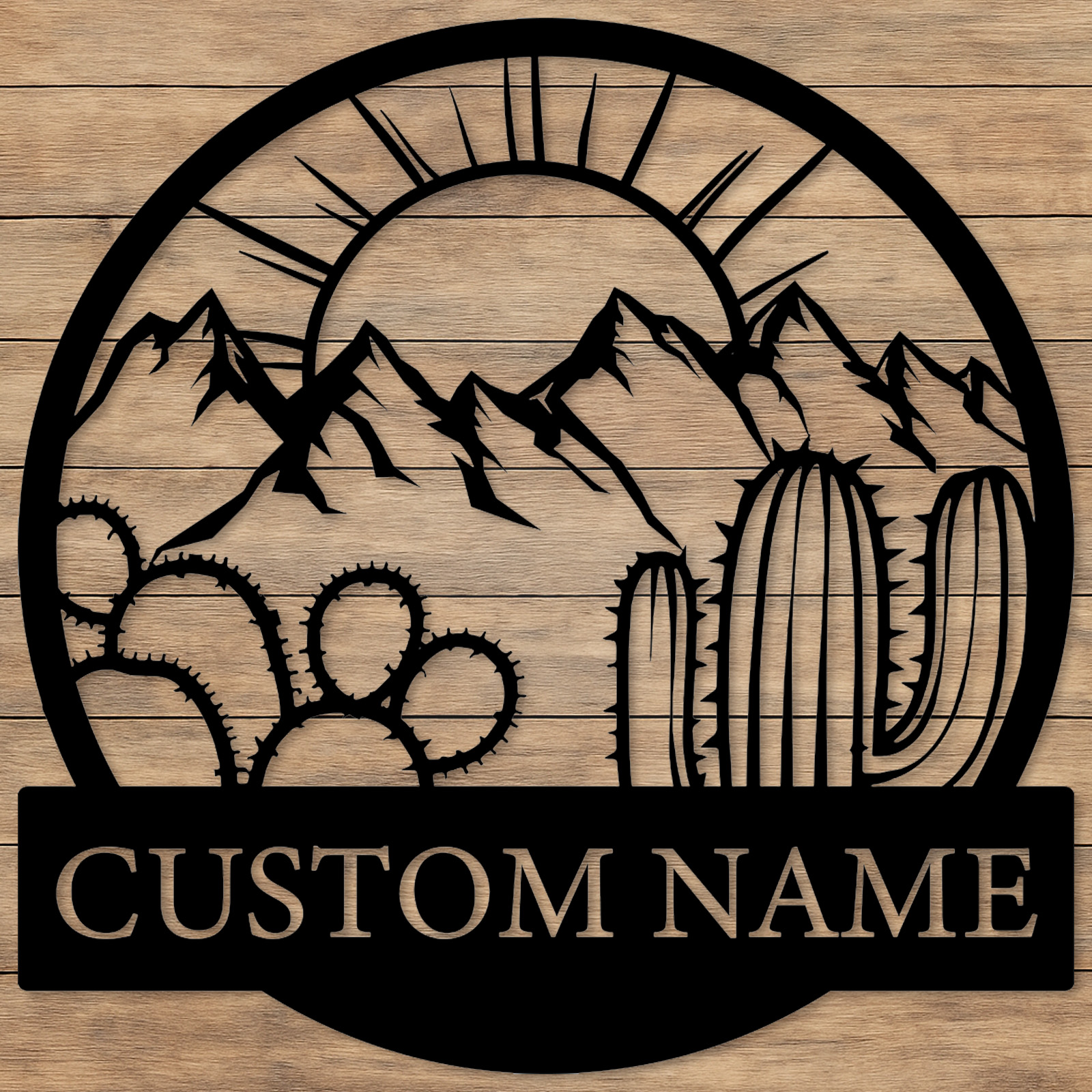 Custom Desert Metal Sign, Personalized Cactus Wall Art for Outdoor Decor, Mountain Landscape Western Theme Name Sign