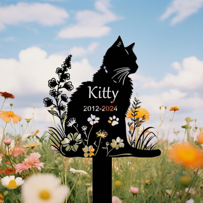 Personalized Metal Cat Grave Marker,Cat Memorial Stake with Flowers,Custom Cat Cemetery Stake