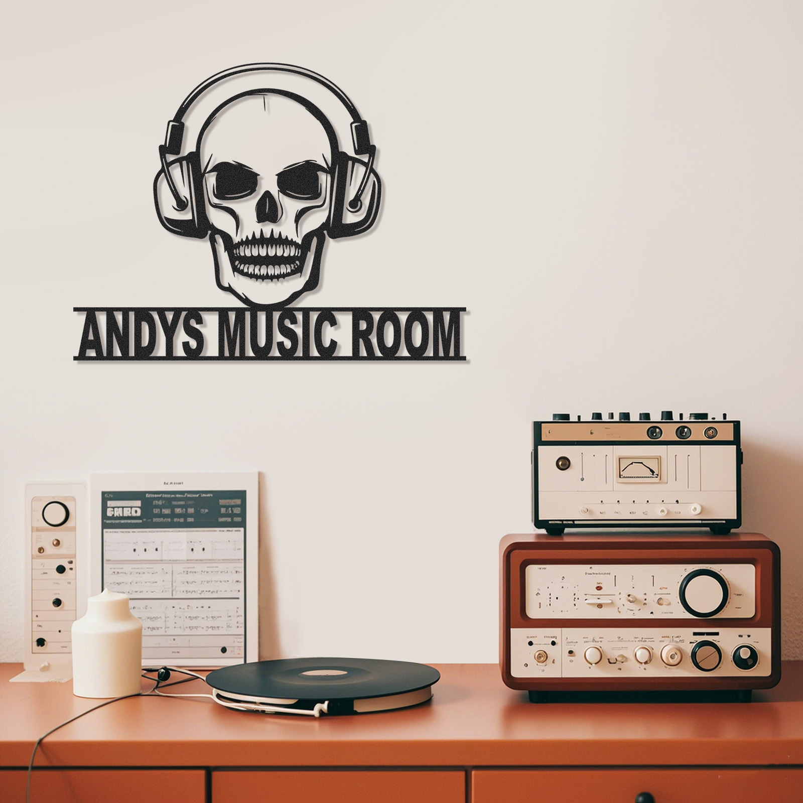 Personalized Skull Headphone Metal Sign, Custom Music Room Wall Art for DJ Studio Bar Decor, Rock Music Gift