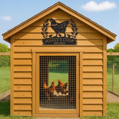 Custom Chicken Coop Sign with Rooster, Personalized Farm Name Metal Sign, Outdoor Gift for Hen Owners