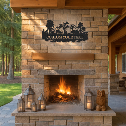 Custom Mountain Metal Sign, Deer and Bear Forest Scene, Personalized Family Name Sign for Rustic Cabin