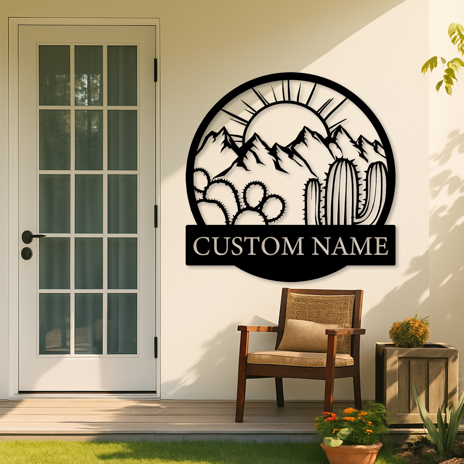 Custom Desert Metal Sign, Personalized Cactus Wall Art for Outdoor Decor, Mountain Landscape Western Theme Name Sign