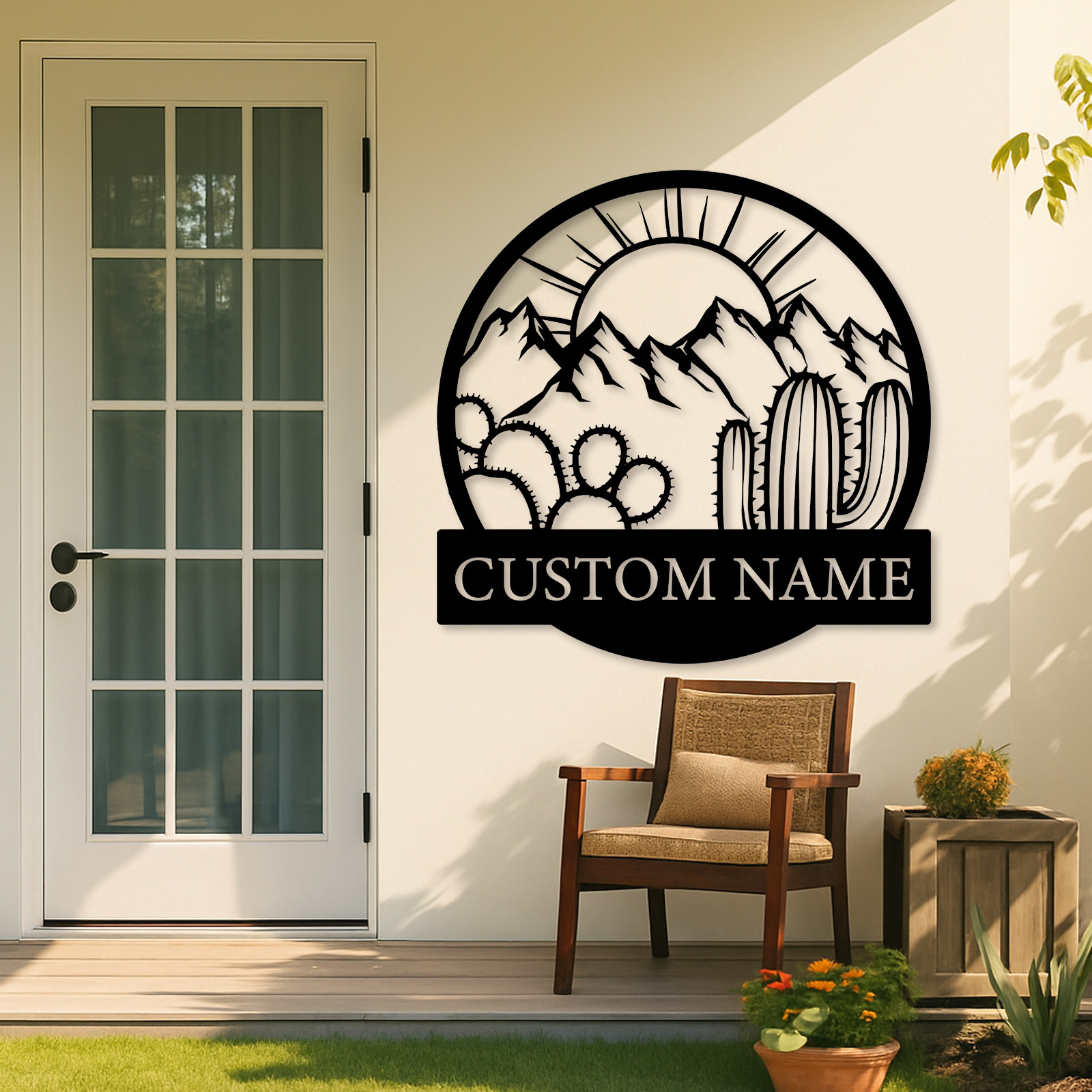 Custom Desert Metal Sign, Personalized Cactus Wall Art for Outdoor Decor, Mountain Landscape Western Theme Name Sign