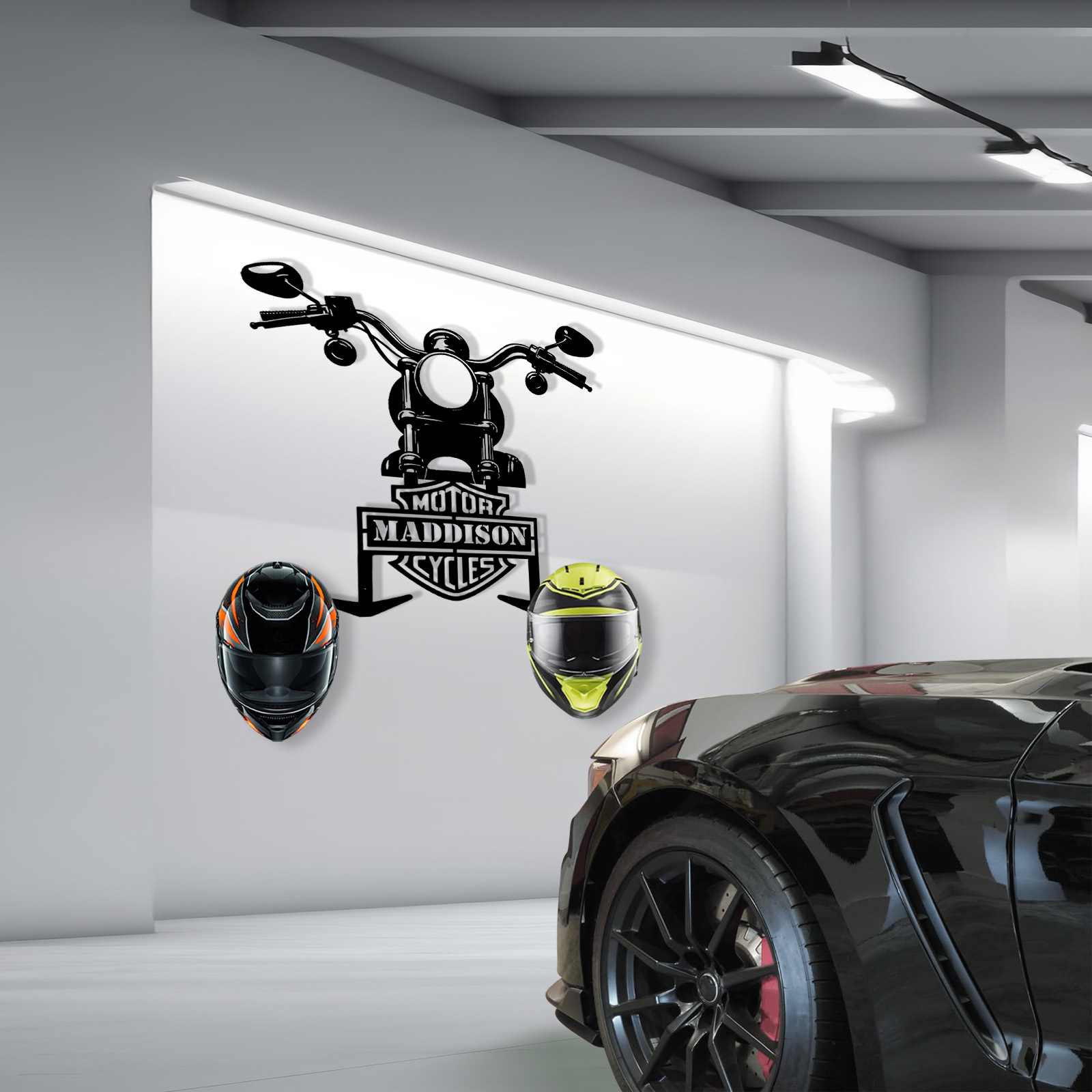 Custom Name Motorcycle Helmet Hanger with Hooks, Personalized Metal Wall Mount Rack for Helmet, Coat, and Riding Accessories