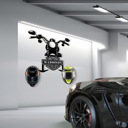 Custom Name Motorcycle Helmet Hanger with Hooks, Personalized Metal Wall Mount Rack for Helmet, Coat, and Riding Accessories