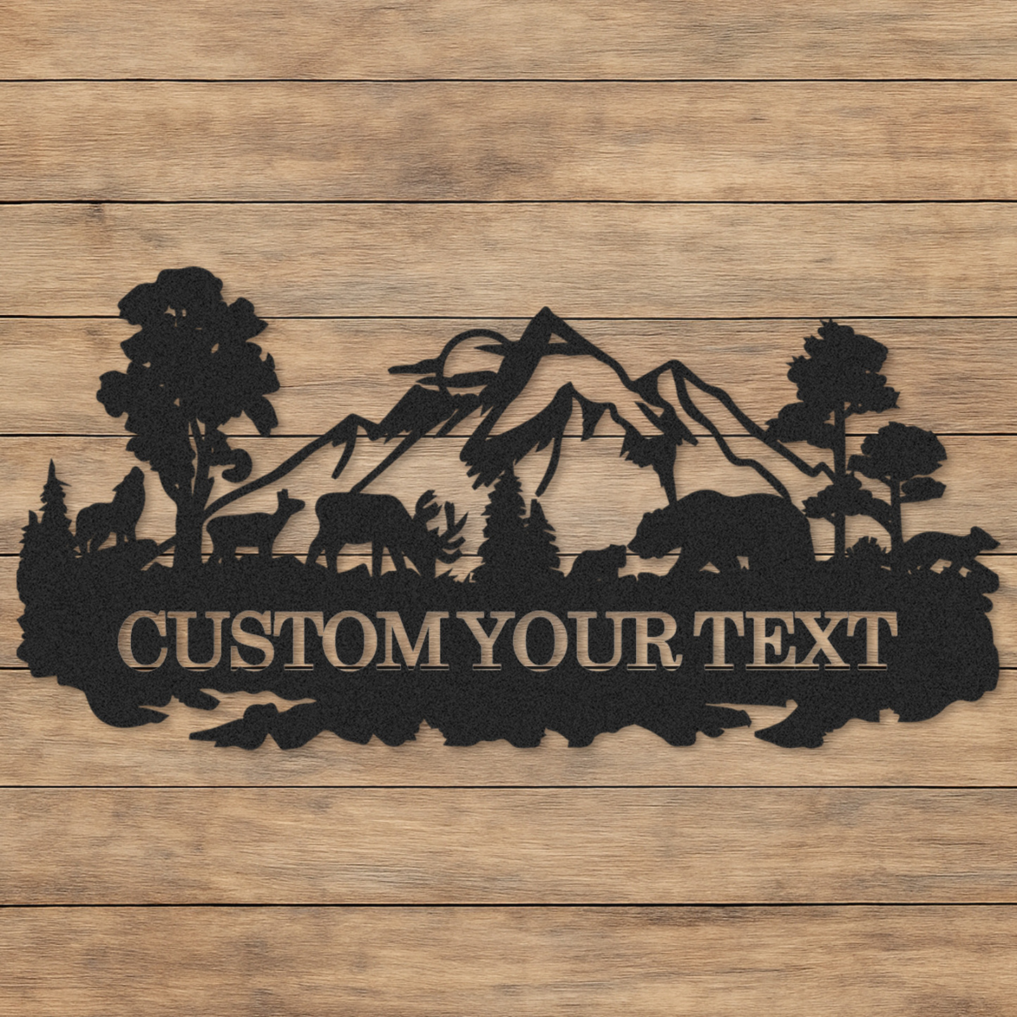 Custom Mountain Metal Sign, Deer and Bear Forest Scene, Personalized Family Name Sign for Rustic Cabin