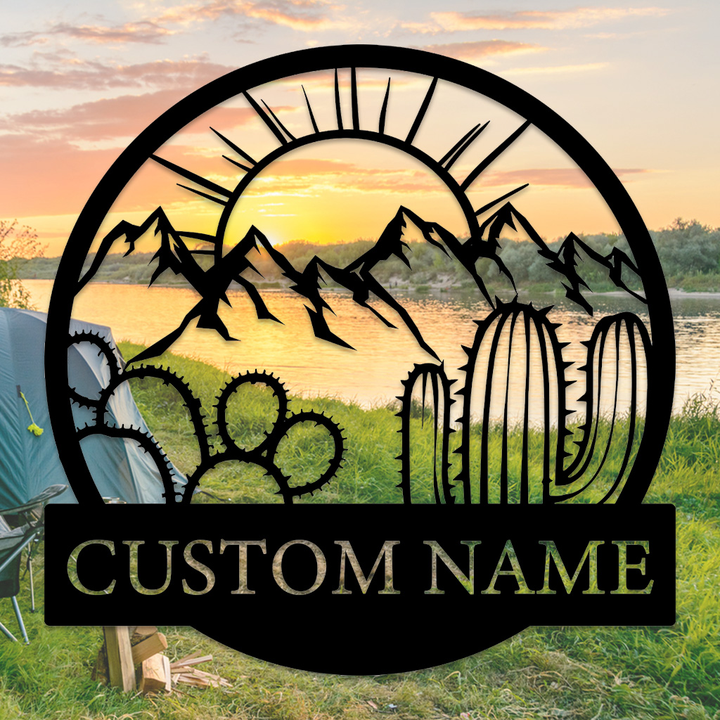Custom Desert Metal Sign, Personalized Cactus Wall Art for Outdoor Decor, Mountain Landscape Western Theme Name Sign