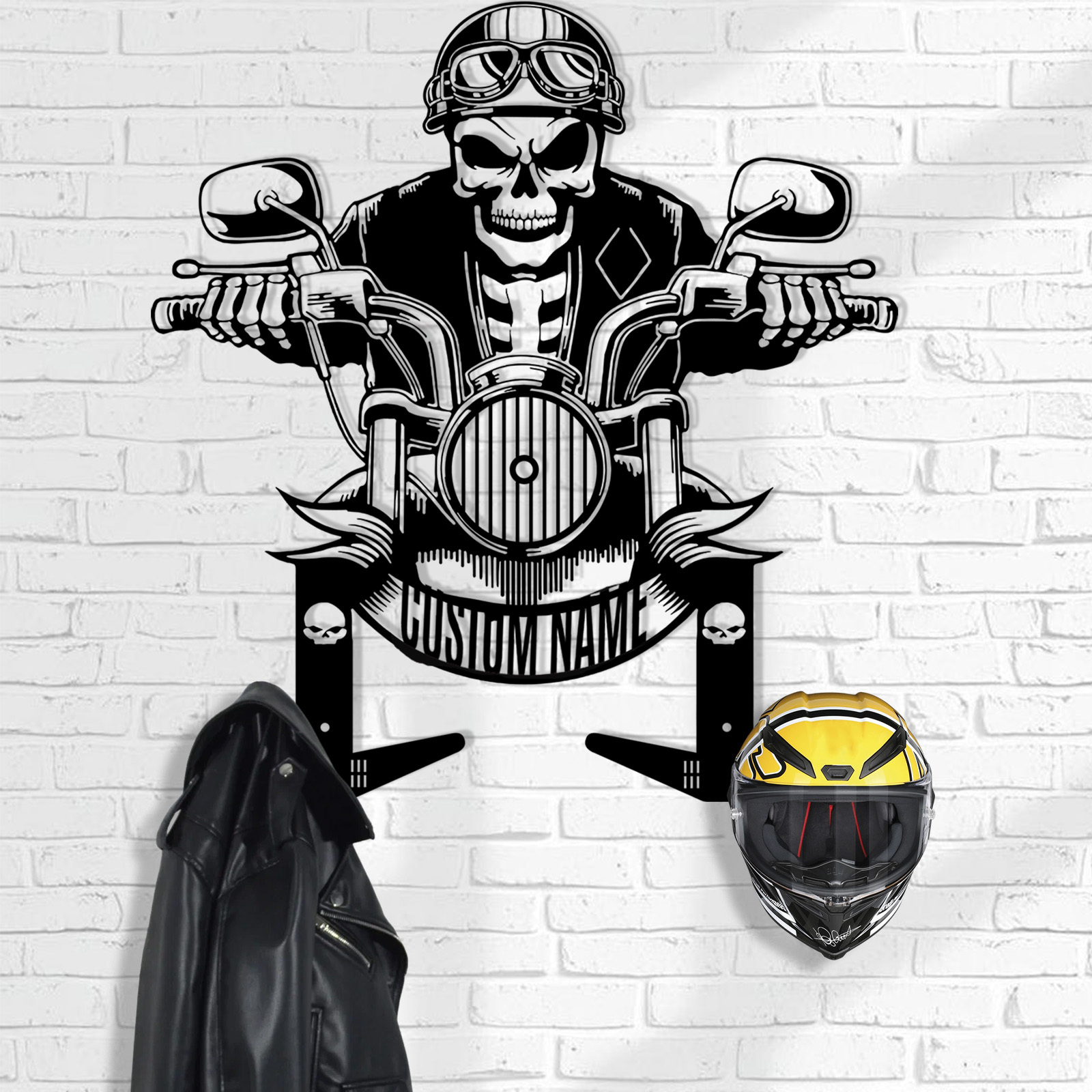 Personalized Skeleton Rider Motorcycle Helmet Holder with Hooks, Custom Name Skull Helmet Rack Wall Mount, Biker Gift for Garage Decor, Jacket Coat Organizer