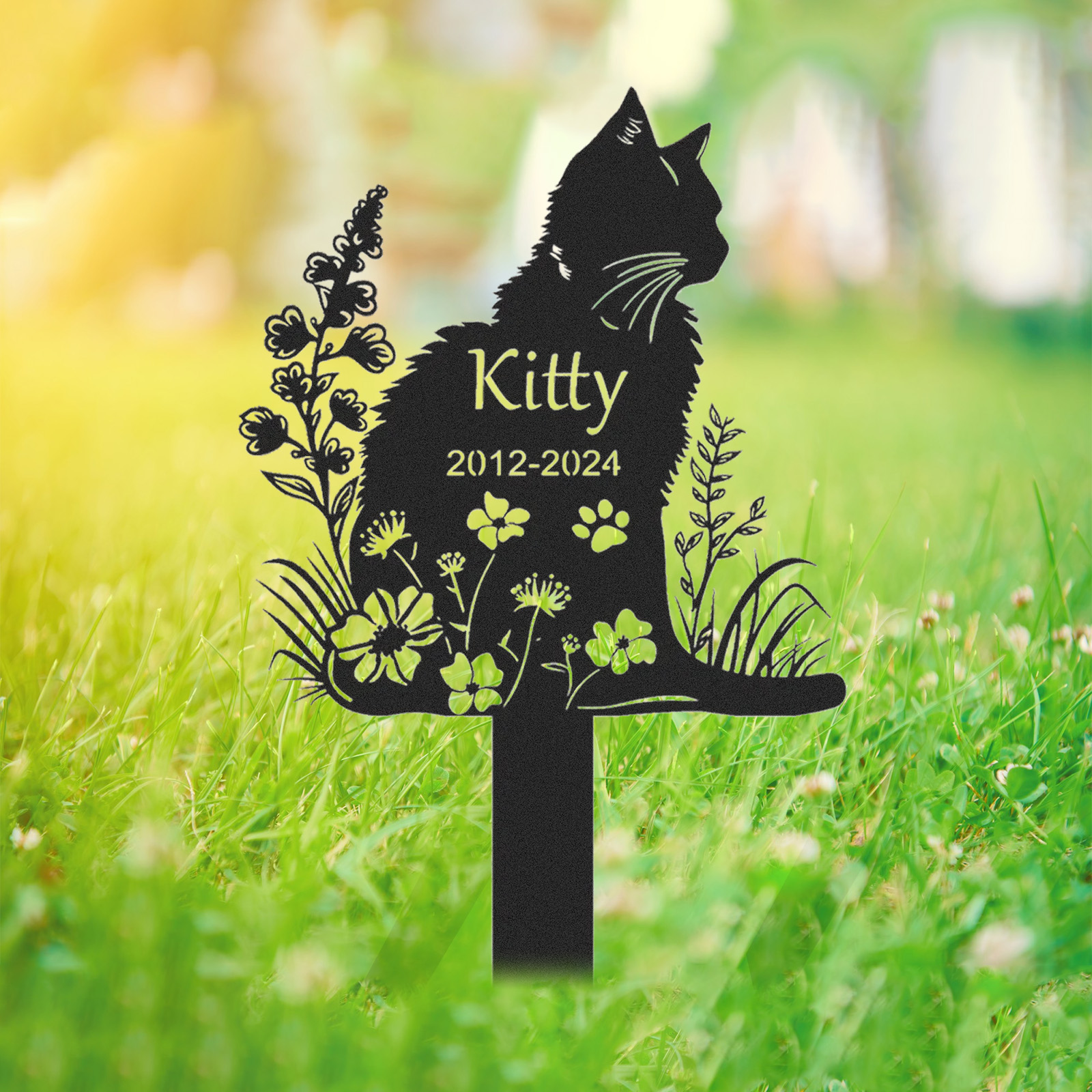 Personalized Metal Cat Grave Marker,Cat Memorial Stake with Flowers,Custom Cat Cemetery Stake