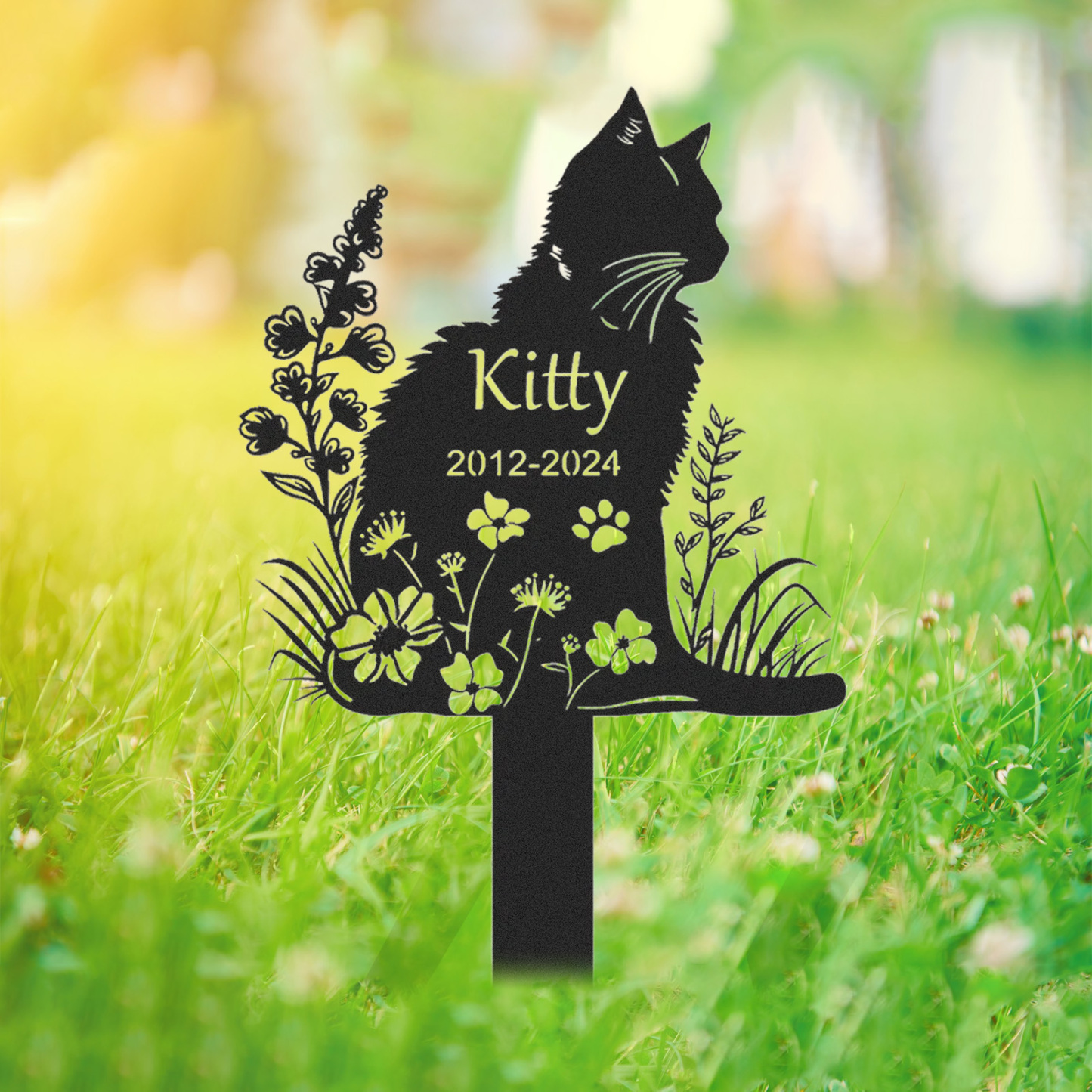 Personalized Metal Cat Grave Marker,Cat Memorial Stake with Flowers,Custom Cat Cemetery Stake