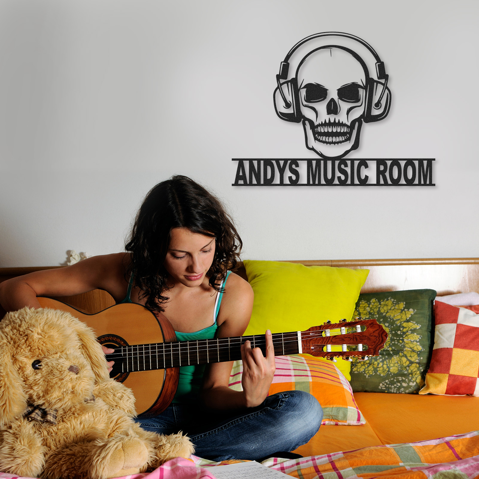 Personalized Skull Headphone Metal Sign, Custom Music Room Wall Art for DJ Studio Bar Decor, Rock Music Gift