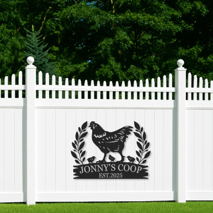 Custom Chicken Coop Sign with Rooster, Personalized Farm Name Metal Sign, Outdoor Gift for Hen Owners