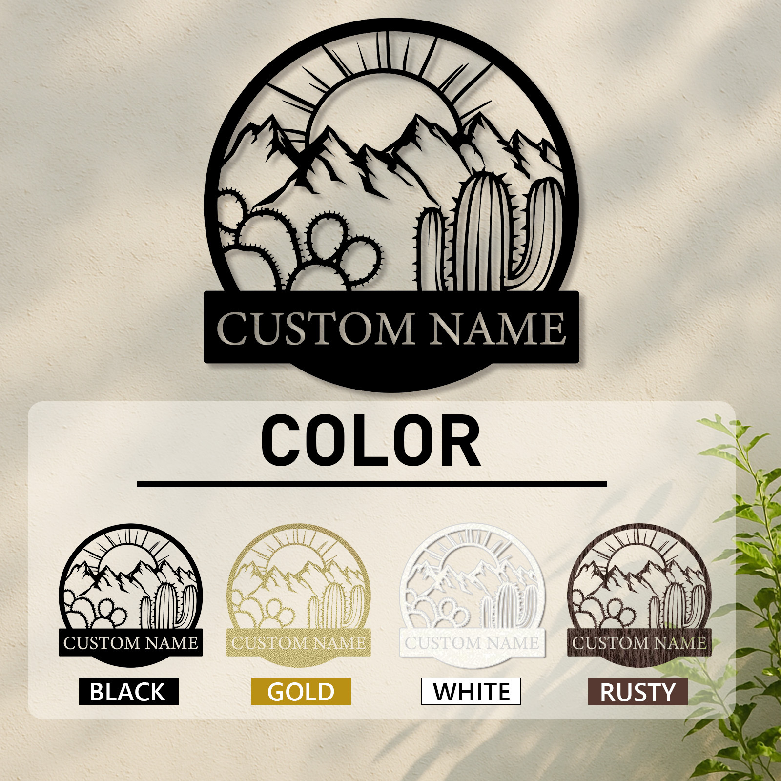 Custom Desert Metal Sign, Personalized Cactus Wall Art for Outdoor Decor, Mountain Landscape Western Theme Name Sign