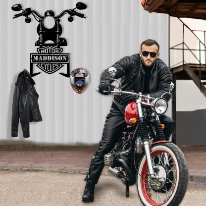 Custom Name Motorcycle Helmet Hanger with Hooks, Personalized Metal Wall Mount Rack for Helmet, Coat, and Riding Accessories