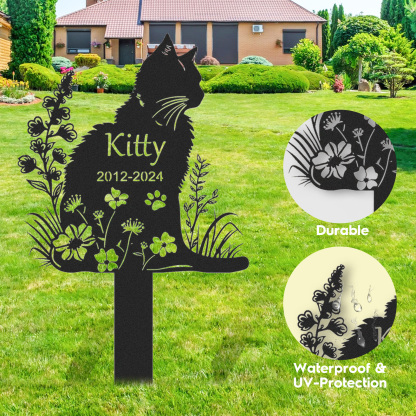 Personalized Metal Cat Grave Marker,Cat Memorial Stake with Flowers,Custom Cat Cemetery Stake