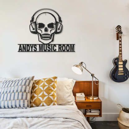 Personalized Skull Headphone Metal Sign, Custom Music Room Wall Art for DJ Studio Bar Decor, Rock Music Gift