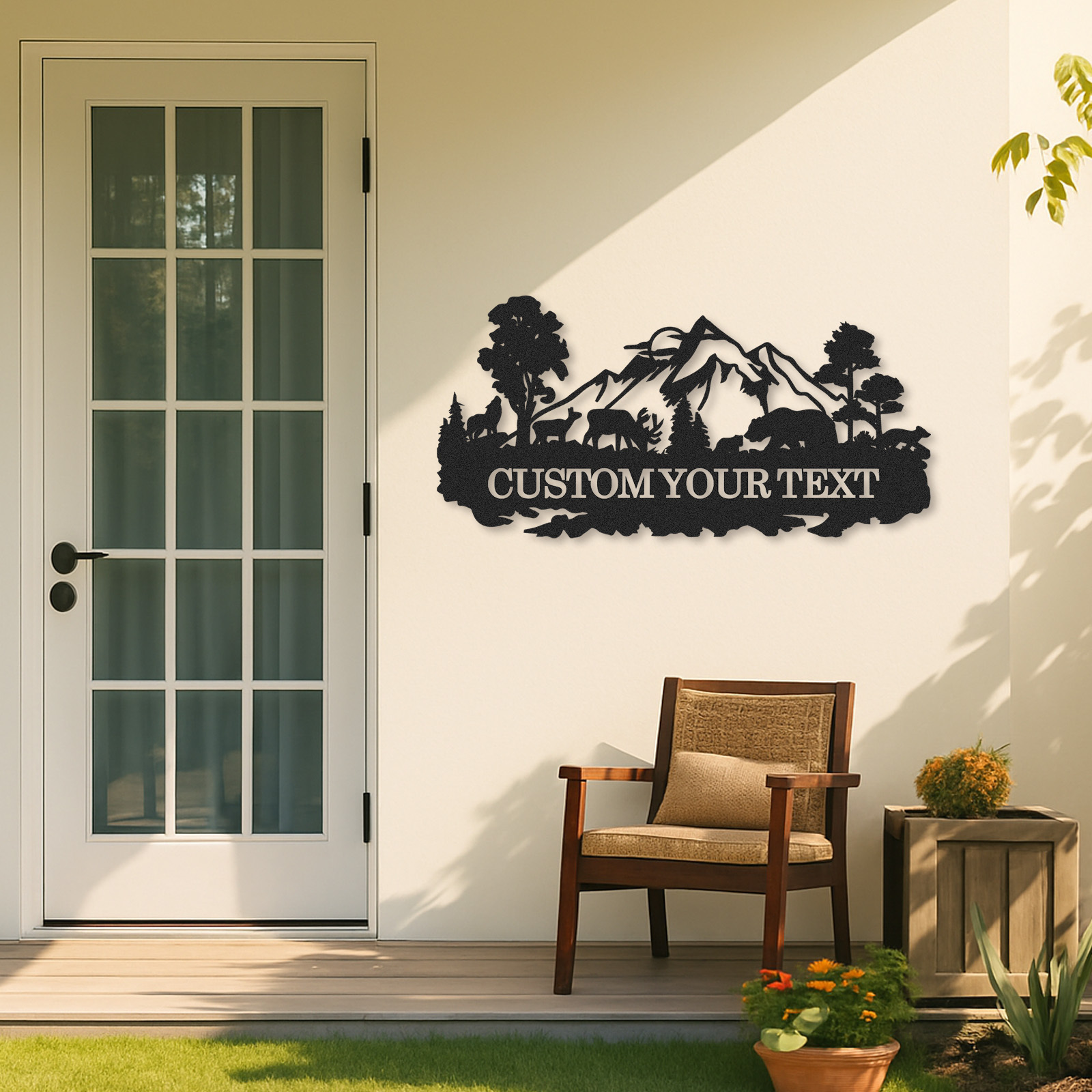 Custom Mountain Metal Sign, Deer and Bear Forest Scene, Personalized Family Name Sign for Rustic Cabin