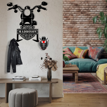 Custom Name Motorcycle Helmet Hanger with Hooks, Personalized Metal Wall Mount Rack for Helmet, Coat, and Riding Accessories