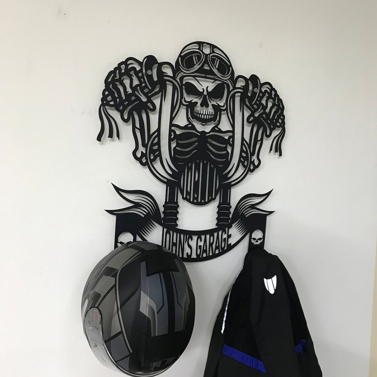 Custom Metal Motorcycle Sign Helmet Holder, outstanding, skull motorcycle jacket holder, bike helmet