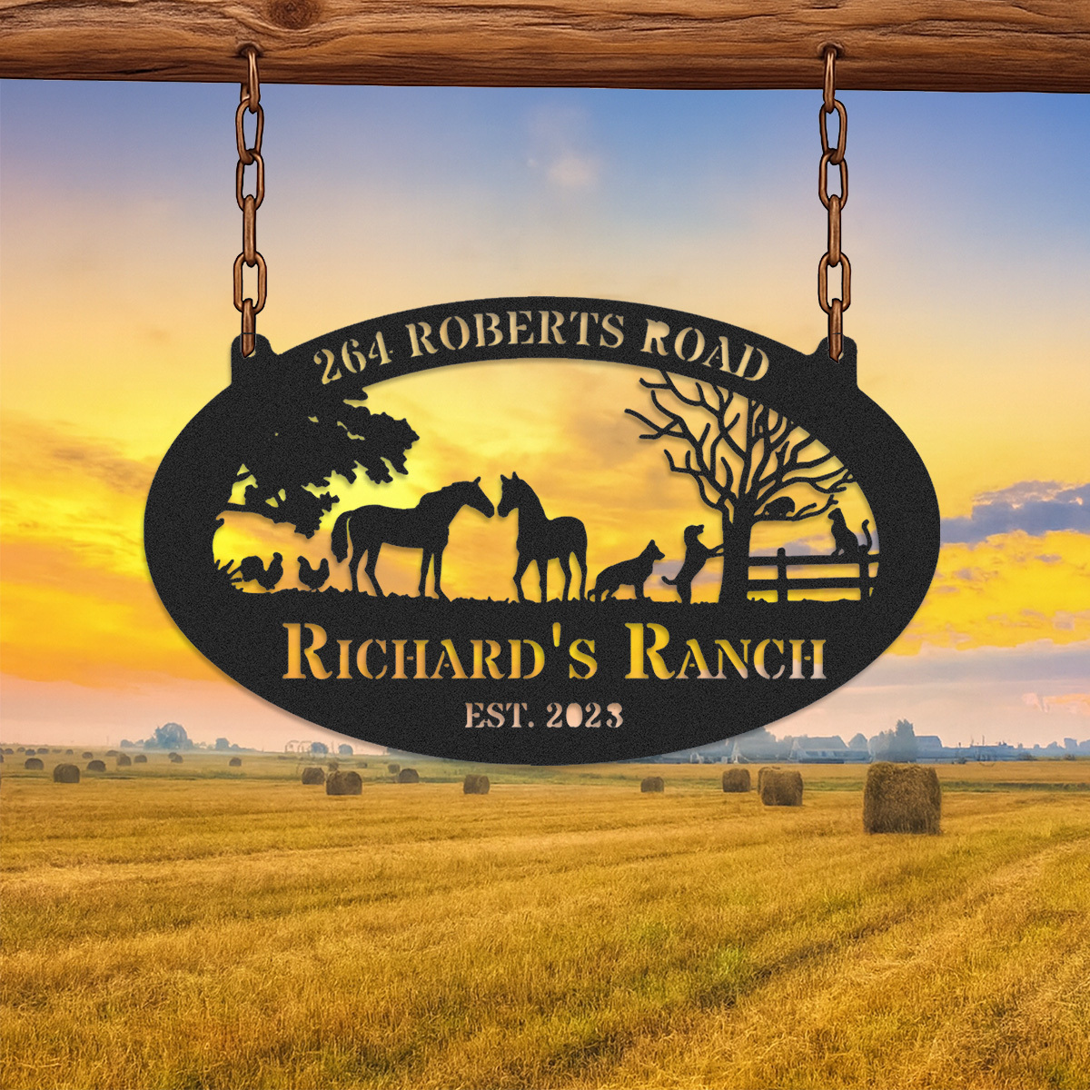 Personalized Ranch Metal Sign with Horses and Farm Animals, Custom Oval Farmhouse Entrance Sign, Outdoor Ranch Decor, Established Year Gift for Farmers