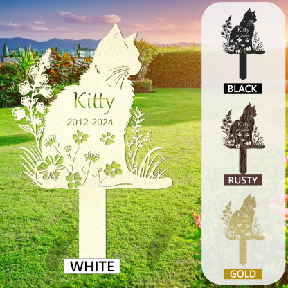 Personalized Metal Cat Grave Marker,Cat Memorial Stake with Flowers,Custom Cat Cemetery Stake
