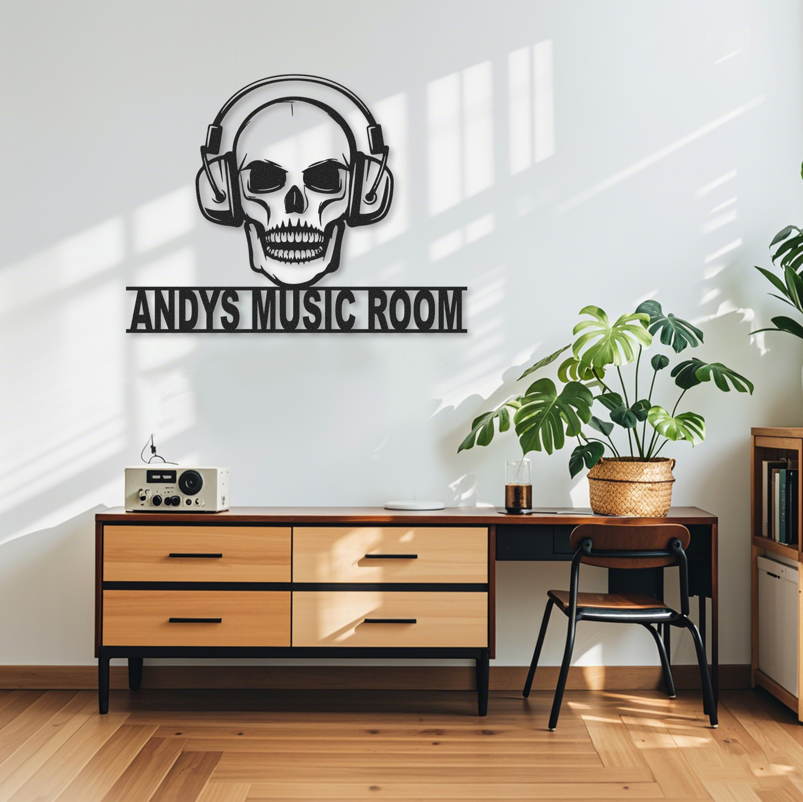 Personalized Skull Headphone Metal Sign, Custom Music Room Wall Art for DJ Studio Bar Decor, Rock Music Gift