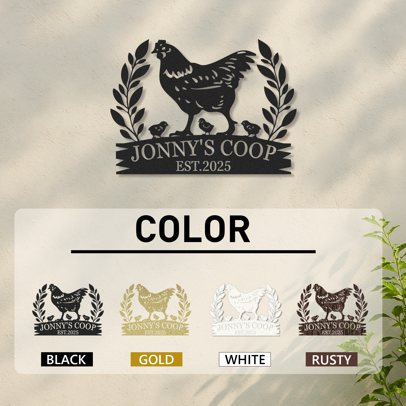 Custom Chicken Coop Sign with Rooster, Personalized Farm Name Metal Sign, Outdoor Gift for Hen Owners