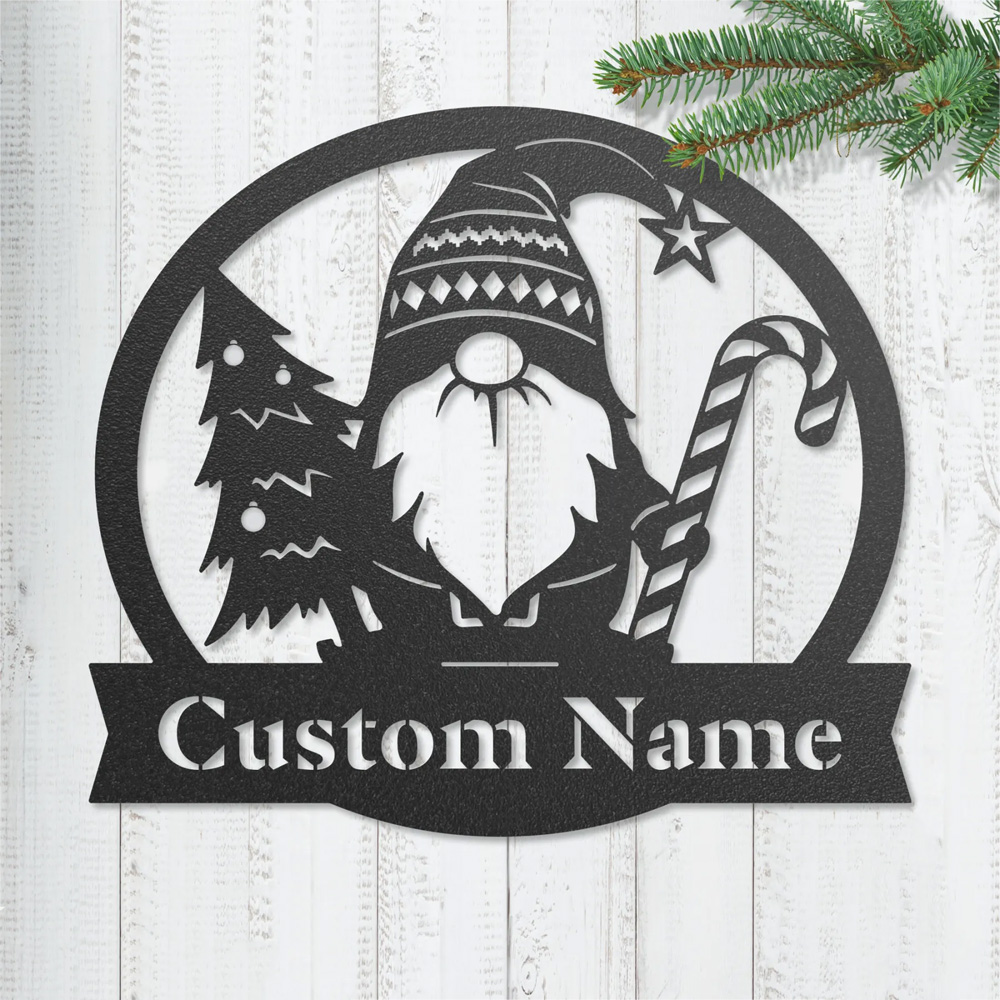Christmas Gnome Monogram Wall Art, Personalized Holiday Metal Decoration with Custom Name
