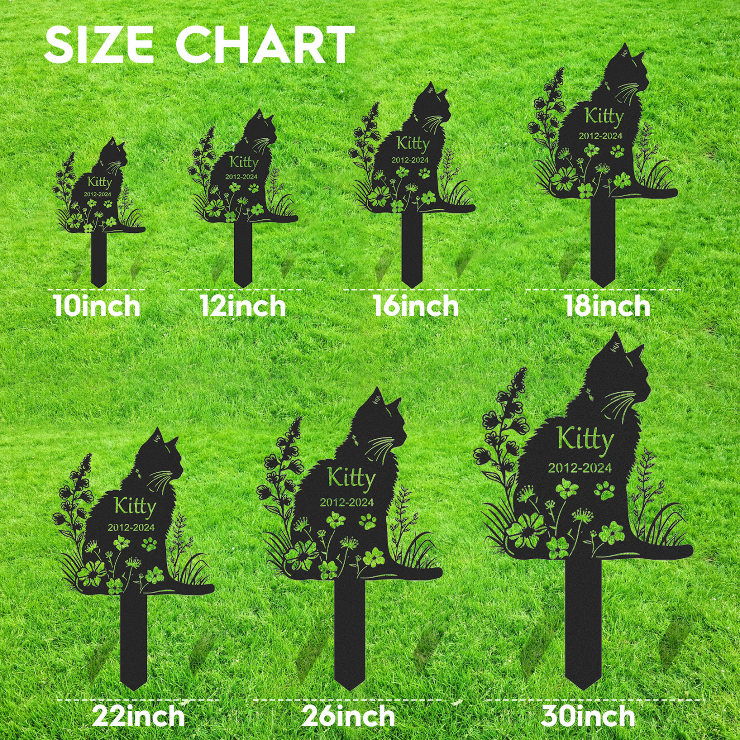 Personalized Metal Cat Grave Marker,Cat Memorial Stake with Flowers,Custom Cat Cemetery Stake